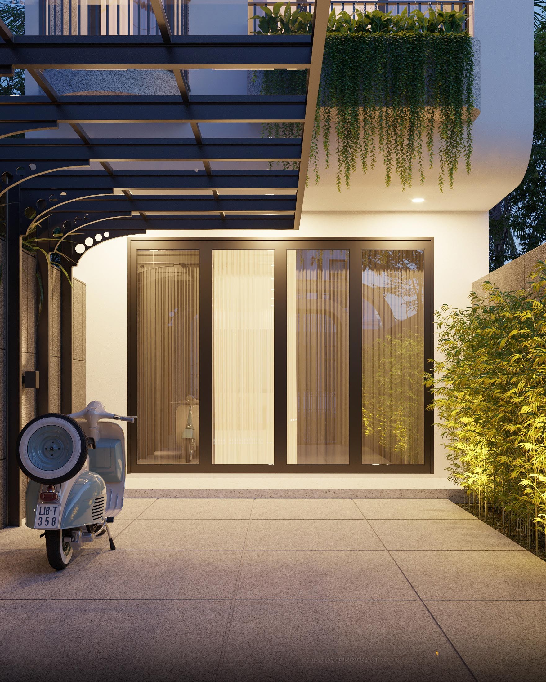 sân trước nhà phố 2 tầng 1 tum