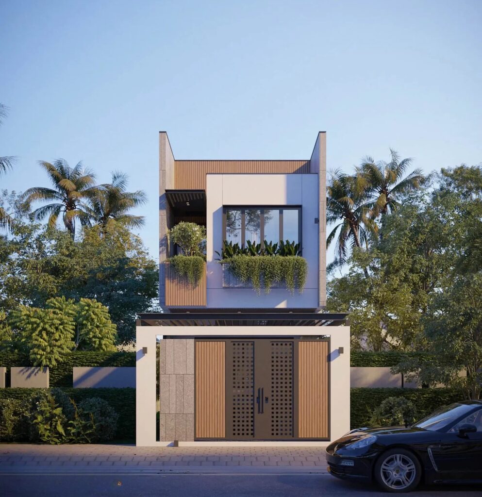 Phối cảnh mặt tiền nhà 2 tầng 5x23m phong cách lệch tầng